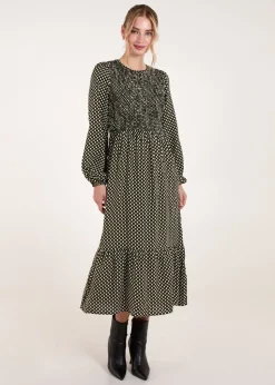 Blue Vanilla Khaki Polka Dot Shirred Cuff Sleeve Midi Dress