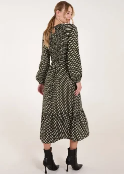 Blue Vanilla Khaki Polka Dot Shirred Cuff Sleeve Midi Dress