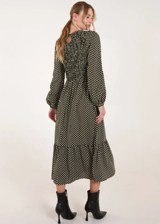 Blue Vanilla Khaki Polka Dot Shirred Cuff Sleeve Midi Dress