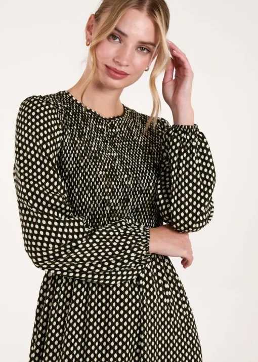 Blue Vanilla Khaki Polka Dot Shirred Cuff Sleeve Midi Dress