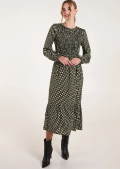 Blue Vanilla Khaki Polka Dot Shirred Cuff Sleeve Midi Dress