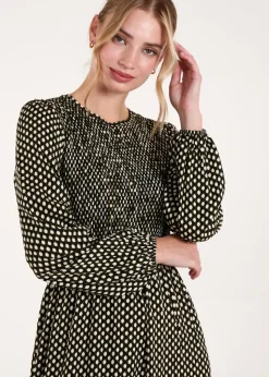 Blue Vanilla Khaki Polka Dot Shirred Cuff Sleeve Midi Dress