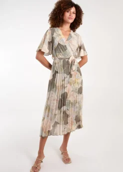 Blue Vanilla Khaki Shell Print Pleated Crossover Dress