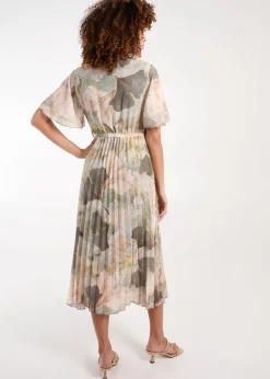 Blue Vanilla Khaki Shell Print Pleated Crossover Dress