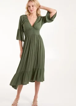 Blue Vanilla Khaki Shirred Empire Bust Dress