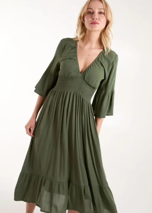Blue Vanilla Khaki Shirred Empire Bust Dress