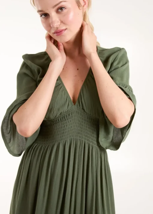 Blue Vanilla Khaki Shirred Empire Bust Dress