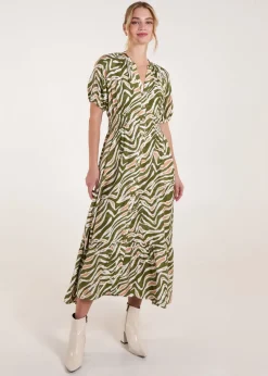 Blue Vanilla Khaki Shirred Waist Button Front Puff Sleeve Midi Dress