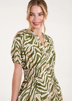 Blue Vanilla Khaki Shirred Waist Button Front Puff Sleeve Midi Dress