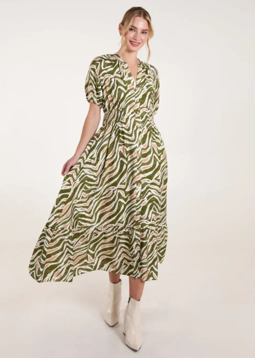 Blue Vanilla Khaki Shirred Waist Button Front Puff Sleeve Midi Dress