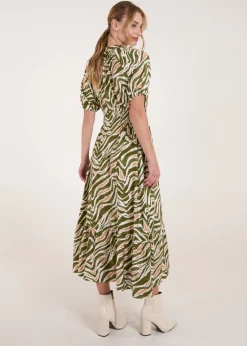 Blue Vanilla Khaki Shirred Waist Button Front Puff Sleeve Midi Dress