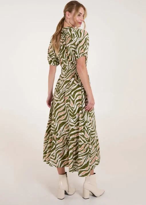 Blue Vanilla Khaki Shirred Waist Button Front Puff Sleeve Midi Dress