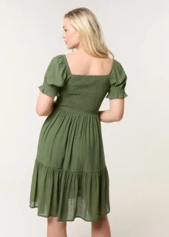 Blue Vanilla Khaki Shirred Puff Sleeve Mini Dress