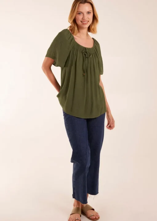 Blue Vanilla Khaki Shirred At Front Swing Top