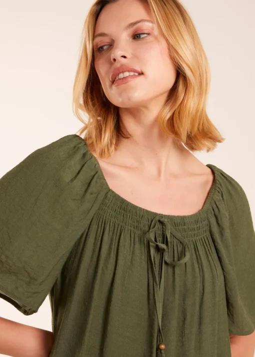 Blue Vanilla Khaki Shirred At Front Swing Top