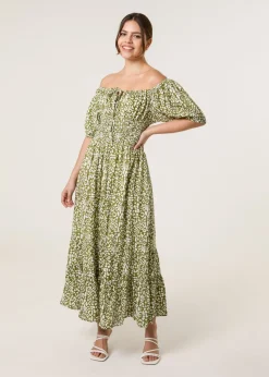 Blue Vanilla Khaki Tie Front Shirred Dress