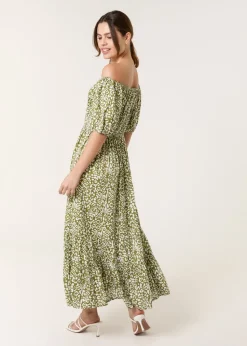 Blue Vanilla Khaki Tie Front Shirred Dress