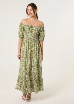 Blue Vanilla Khaki Tie Front Shirred Dress