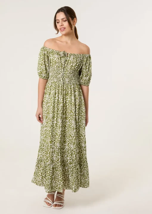 Blue Vanilla Khaki Tie Front Shirred Dress