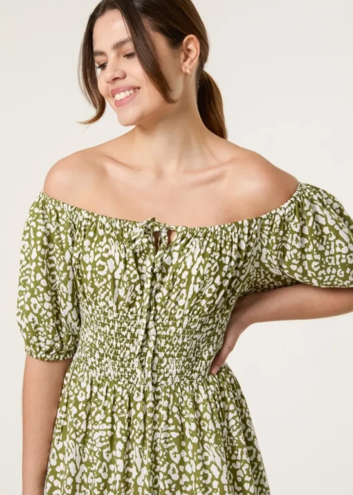 Blue Vanilla Khaki Tie Front Shirred Dress