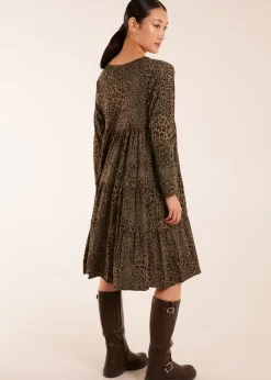 Blue Vanilla Khaki Tiered Leopard Roll Sleeve Smock Dress