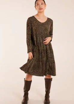 Blue Vanilla Khaki Tiered Leopard Roll Sleeve Smock Dress