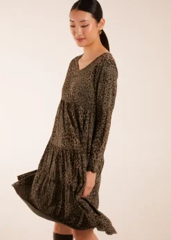 Blue Vanilla Khaki Tiered Leopard Roll Sleeve Smock Dress