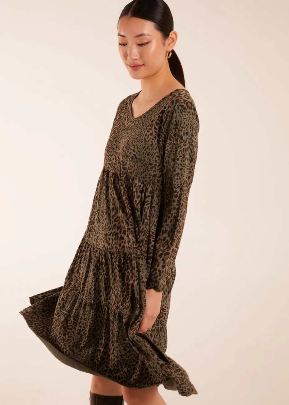 Blue Vanilla Khaki Tiered Leopard Roll Sleeve Smock Dress