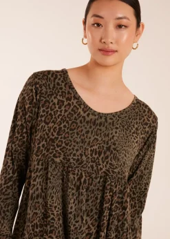 Blue Vanilla Khaki Tiered Leopard Roll Sleeve Smock Dress