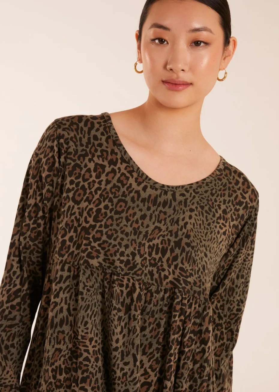 Blue Vanilla Khaki Tiered Leopard Roll Sleeve Smock Dress