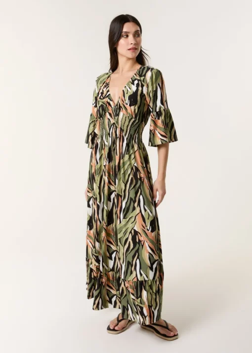 Blue Vanilla Khaki Tropical Print Elasticated Neck Shirred Waist Maxi Dress
