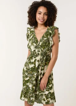 Blue Vanilla Khaki Tropical Dress With Palm Leaf Print