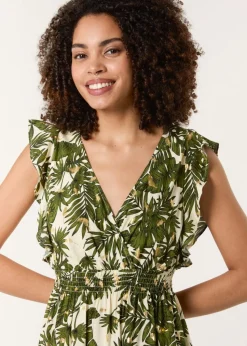 Blue Vanilla Khaki Tropical Dress With Palm Leaf Print