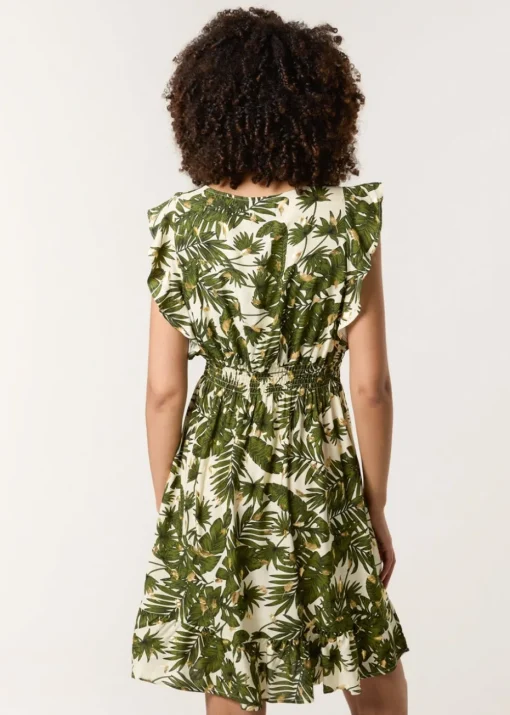 Blue Vanilla Khaki Tropical Dress With Palm Leaf Print