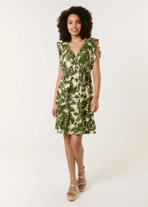 Blue Vanilla Khaki Tropical Dress With Palm Leaf Print