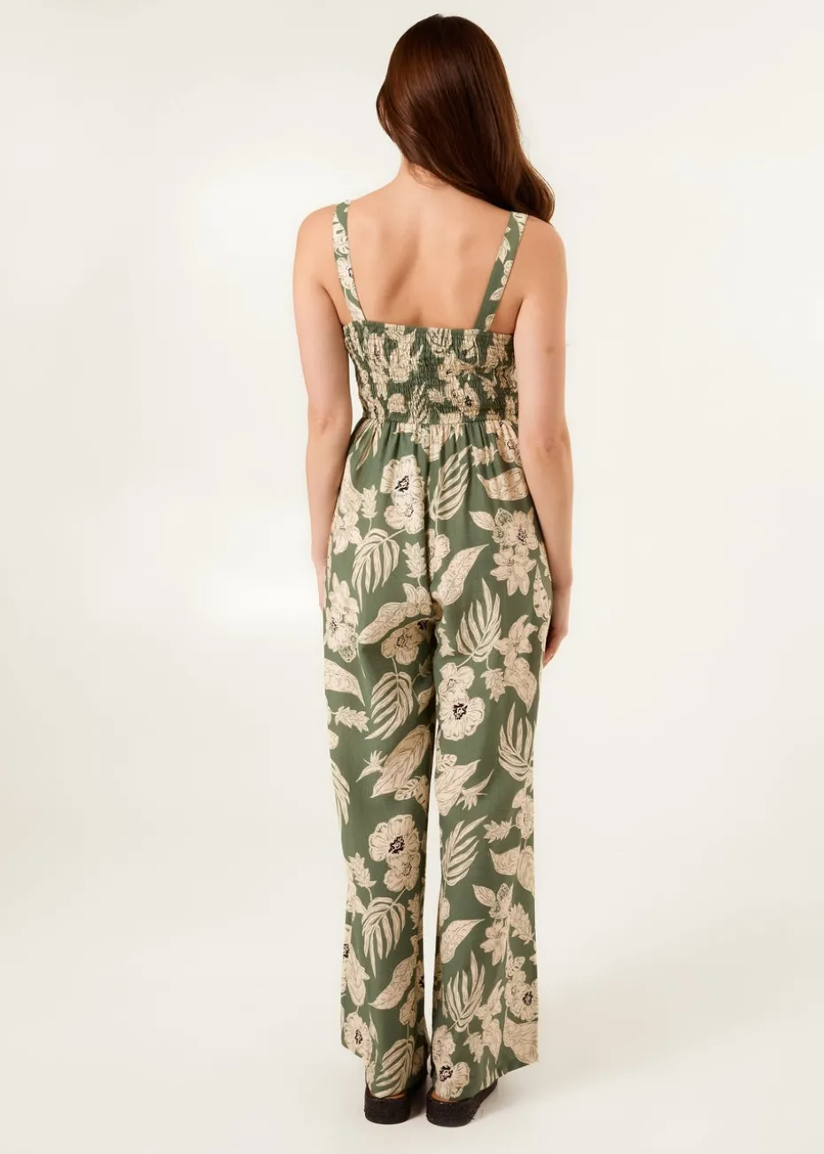 Blue Vanilla Khaki Tropical Print Tie Front Jumpsuit