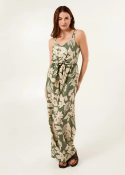 Blue Vanilla Khaki Tropical Print Tie Front Jumpsuit