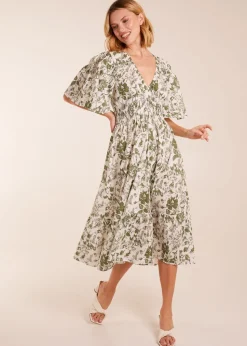 Blue Vanilla Khaki V Neck Elastic Waist Dress