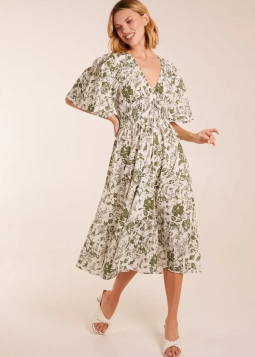 Blue Vanilla Khaki V Neck Elastic Waist Dress
