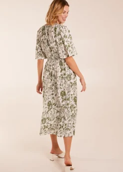 Blue Vanilla Khaki V Neck Elastic Waist Dress