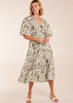 Blue Vanilla Khaki V Neck Elastic Waist Dress