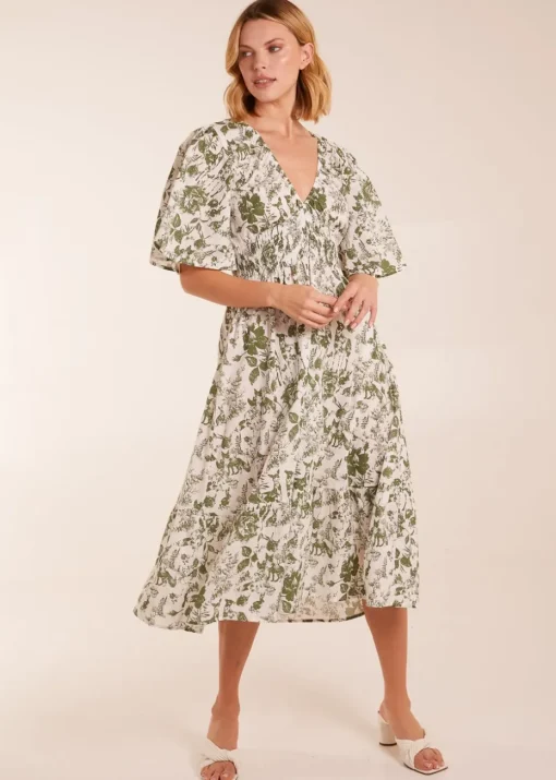 Blue Vanilla Khaki V Neck Elastic Waist Dress