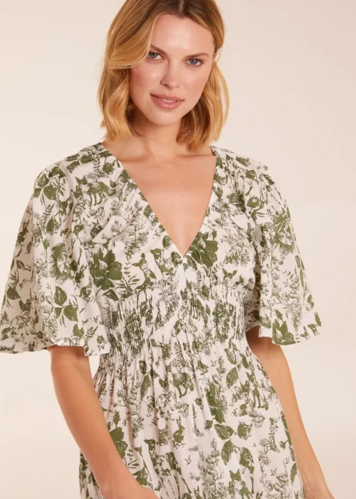 Blue Vanilla Khaki V Neck Elastic Waist Dress