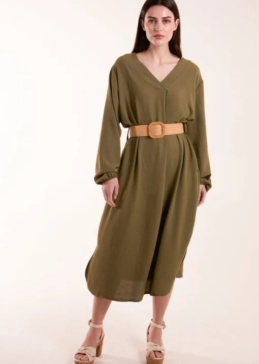 Blue Vanilla Khaki V Neck Long Sleeve Dress With Belt
