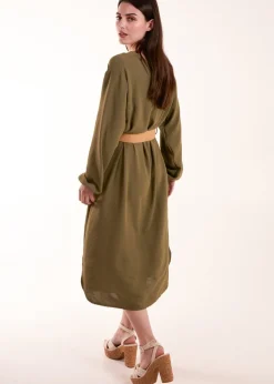 Blue Vanilla Khaki V Neck Long Sleeve Dress With Belt