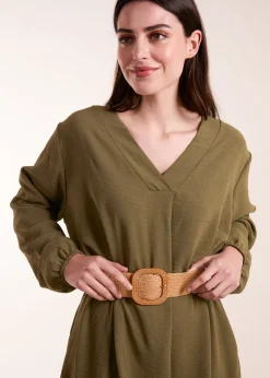 Blue Vanilla Khaki V Neck Long Sleeve Dress With Belt