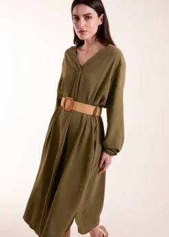 Blue Vanilla Khaki V Neck Long Sleeve Dress With Belt