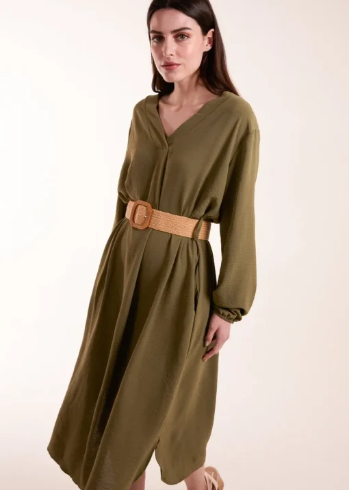 Blue Vanilla Khaki V Neck Long Sleeve Dress With Belt