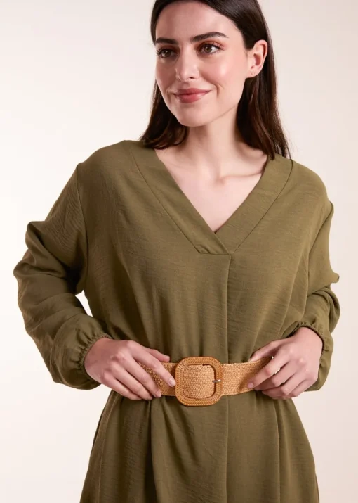 Blue Vanilla Khaki V Neck Long Sleeve Dress With Belt