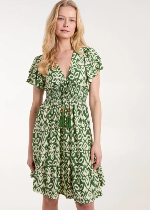 Blue Vanilla Khaki V Neck Mini Dress With Flutter Sleeve